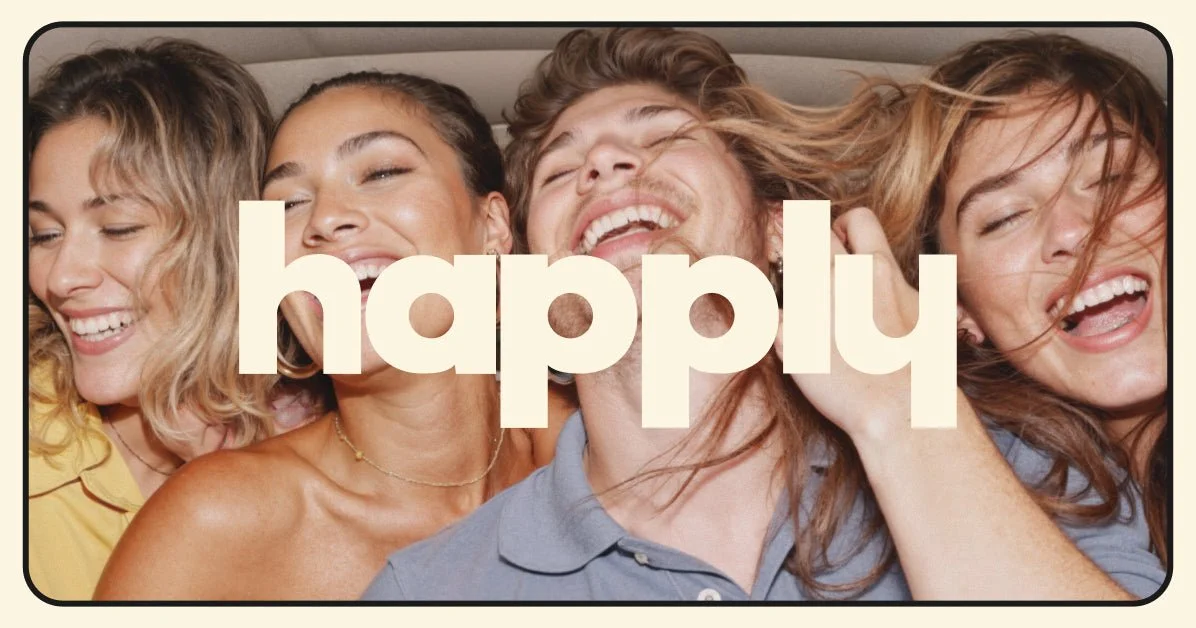 A group of four happy people smiling and laughing together, with the word 'happily' overlaid in large, bold letters.