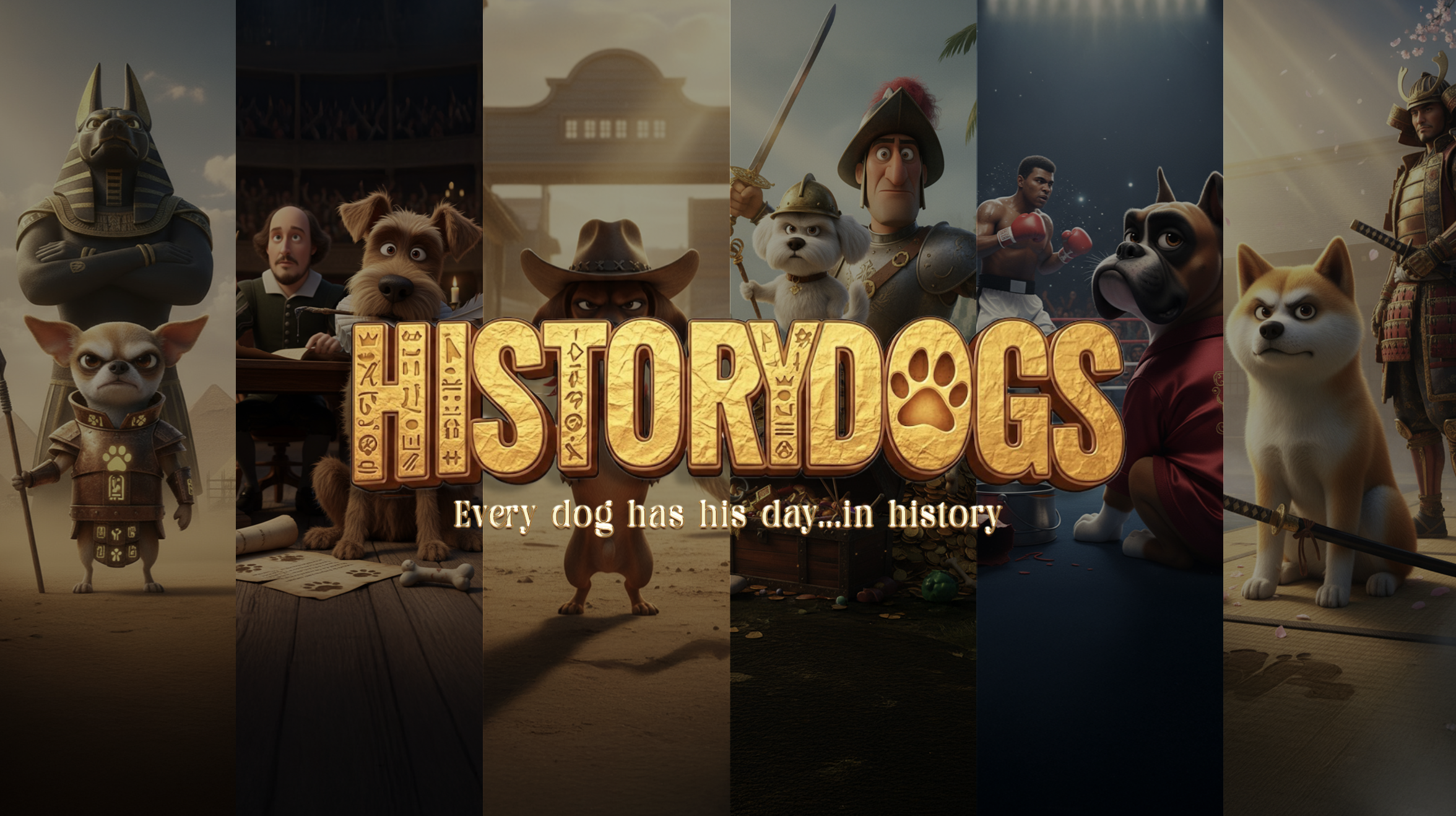 Collage of animated dogs in various historical and fictional settings with the title 'The St. Dogs' and the tagline 'Every dog has his day... in history'.