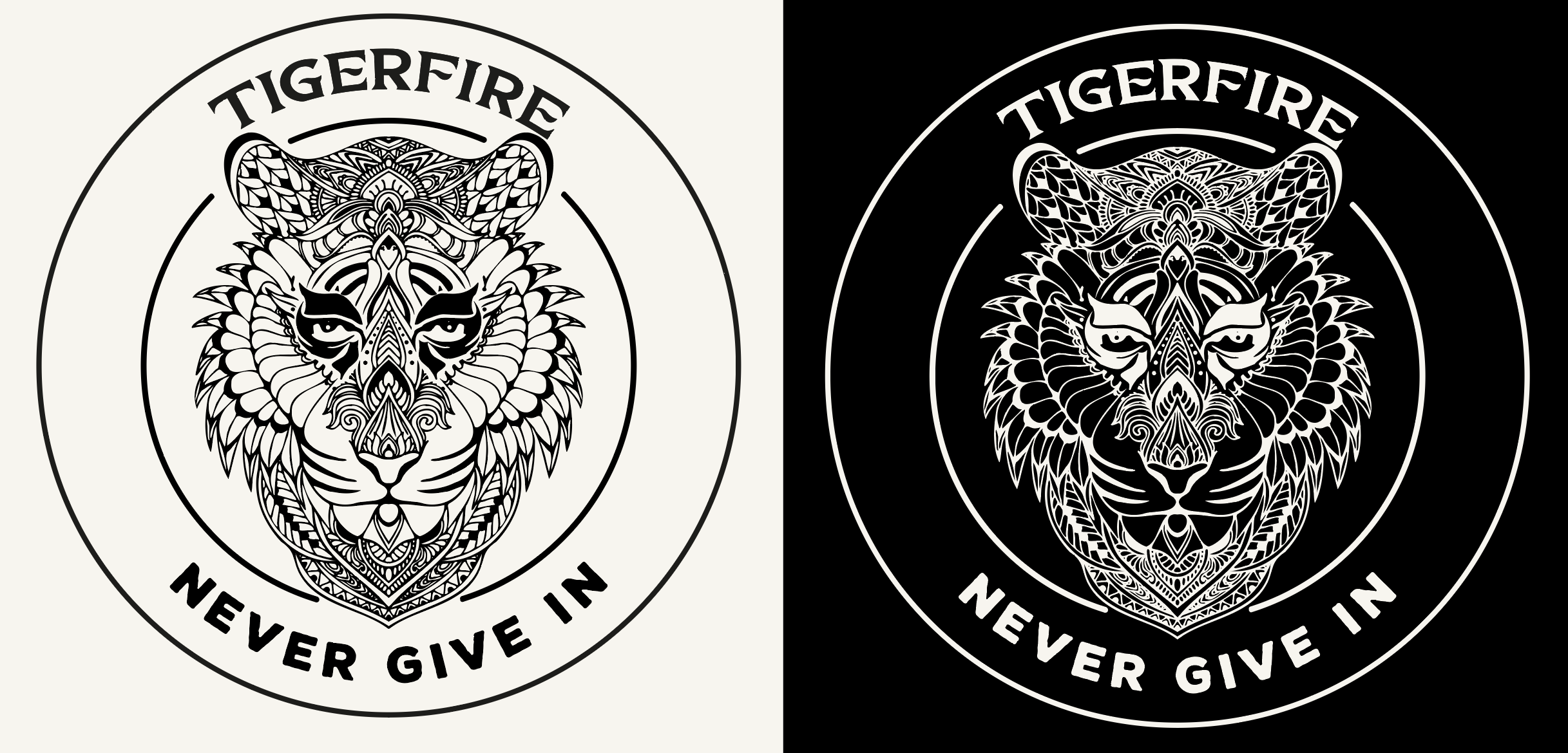 A black and white circular logo featuring an intricately detailed tiger or lion face with stylized lines and patterns. The logo has the words 'TIGERFIRE' at the top and 'NEVER GIVE IN' at the bottom.