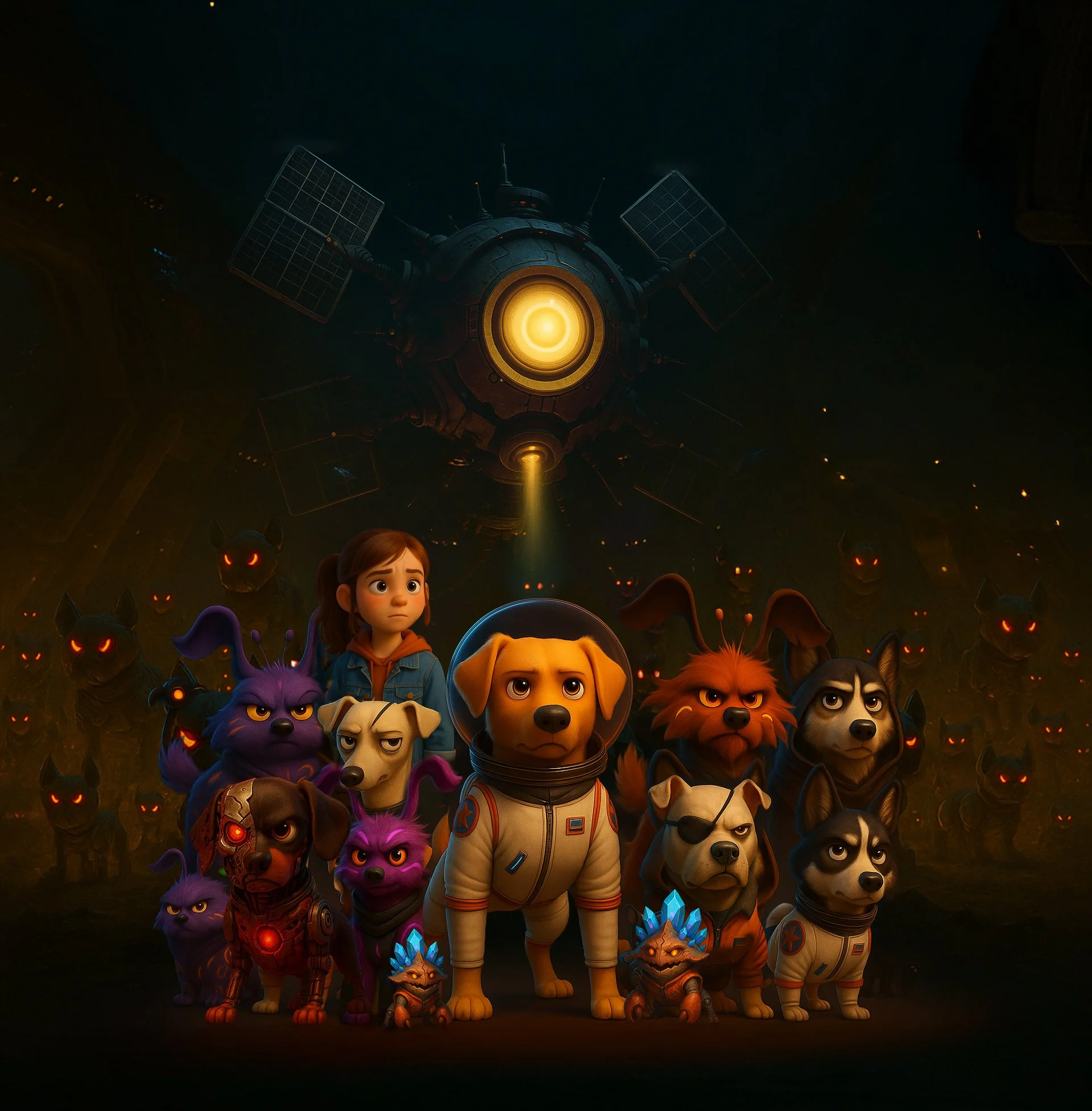 Animated group of dogs and a girl in space suits with a large spaceship in the background, surrounded by floating demon-like creatures with glowing red eyes in a dark setting.