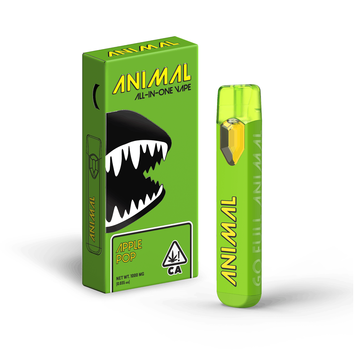 A green box and vape device with animal-themed branding. The box has an illustration of an open mouth with sharp teeth and the text "Animal All-In-One Vape". The flavor "Apple Pop" and a warning label are also on the box. The vape device is light green with the same animal-themed branding and a yellow detail.