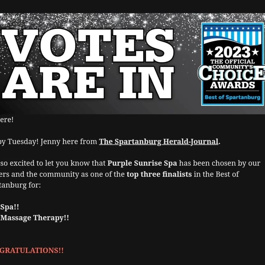 2nd year in a row to be nominated top 3 for best Spa and Massage in Spartanburg! How ever did we get so lucky with having the BEST clients? Thank you everyone who took the time to vote for us and make this happen!