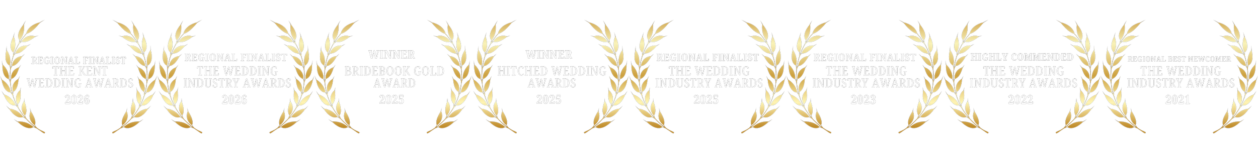 Eight award laurel wreaths with text indicating various wedding industry awards from 2021 to 2026.