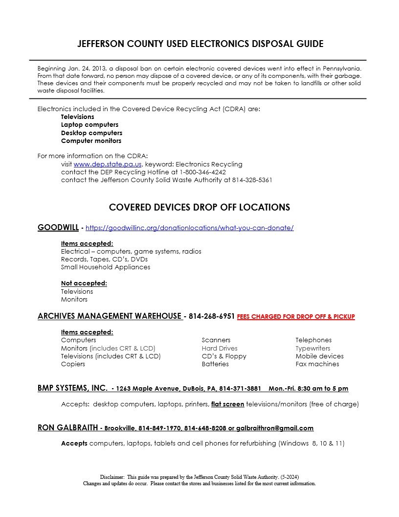 Used Electronics Disposal — Jefferson County Solid Waste Authority