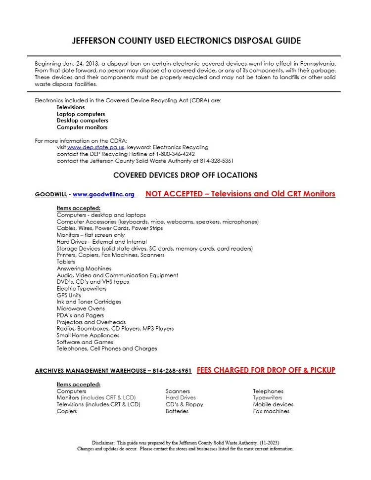 Used Electronics Disposal — Jefferson County Solid Waste Authority