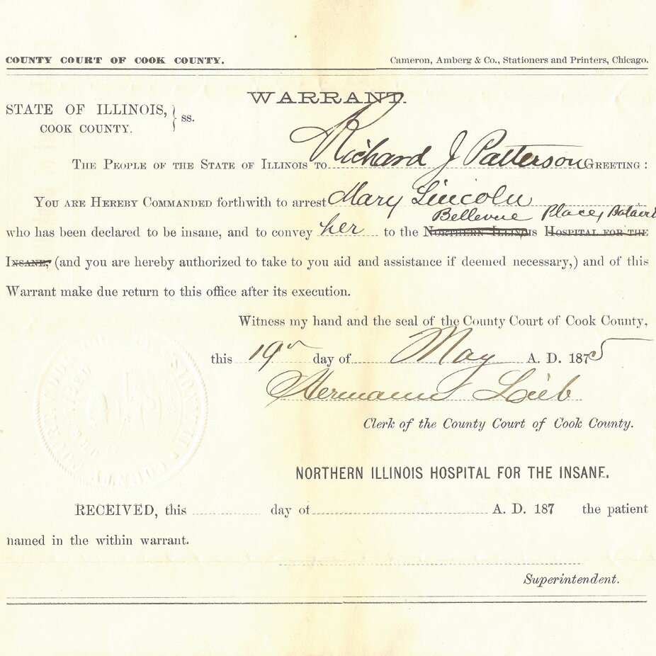 Mary Lincoln Arrest Warrant, 1875