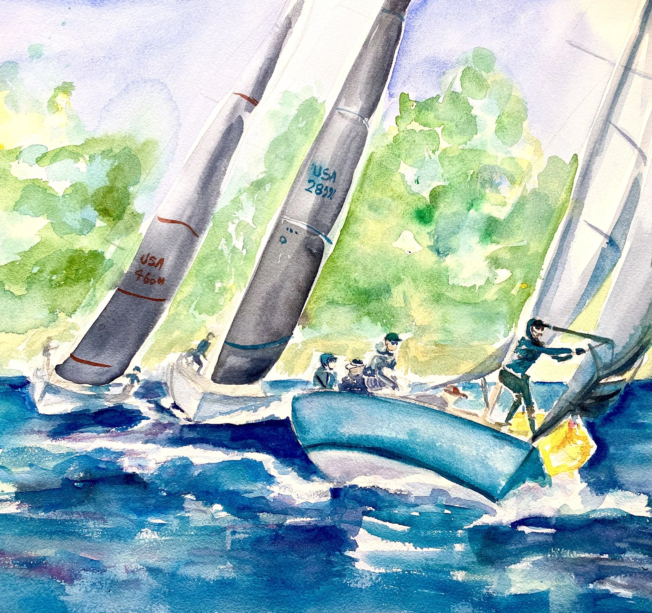 Watercolor painting of a sailing Regatta in San Diego Bay, J24 sailboats, a female sailor on bow, a body of water, USA 4600' and 'USA 2899.'