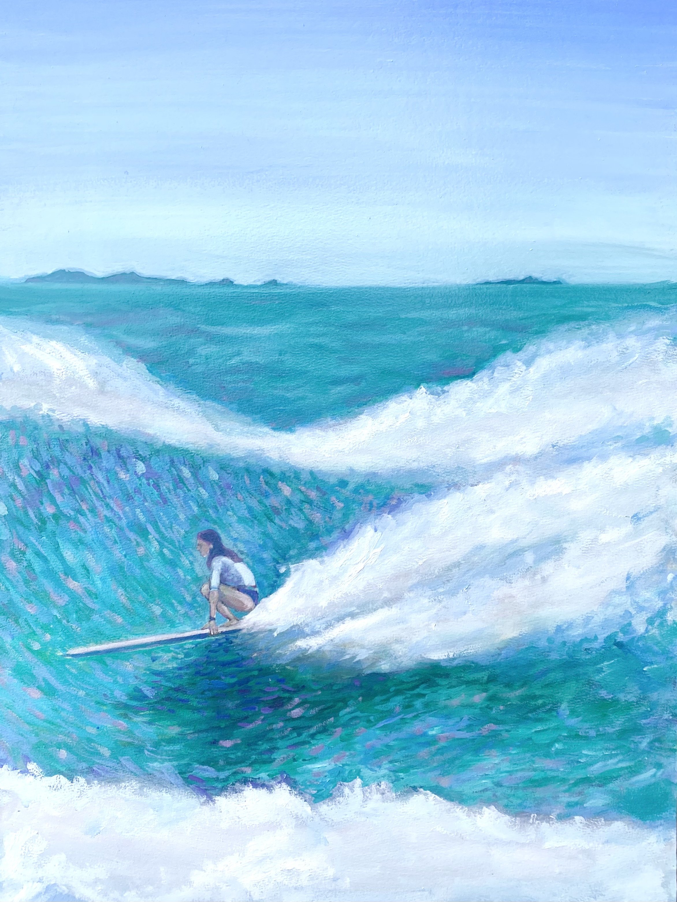 Blue surfer girl Original Oil 18x24inch in maple wood floating frame- Free shipping locally to San Diego only.