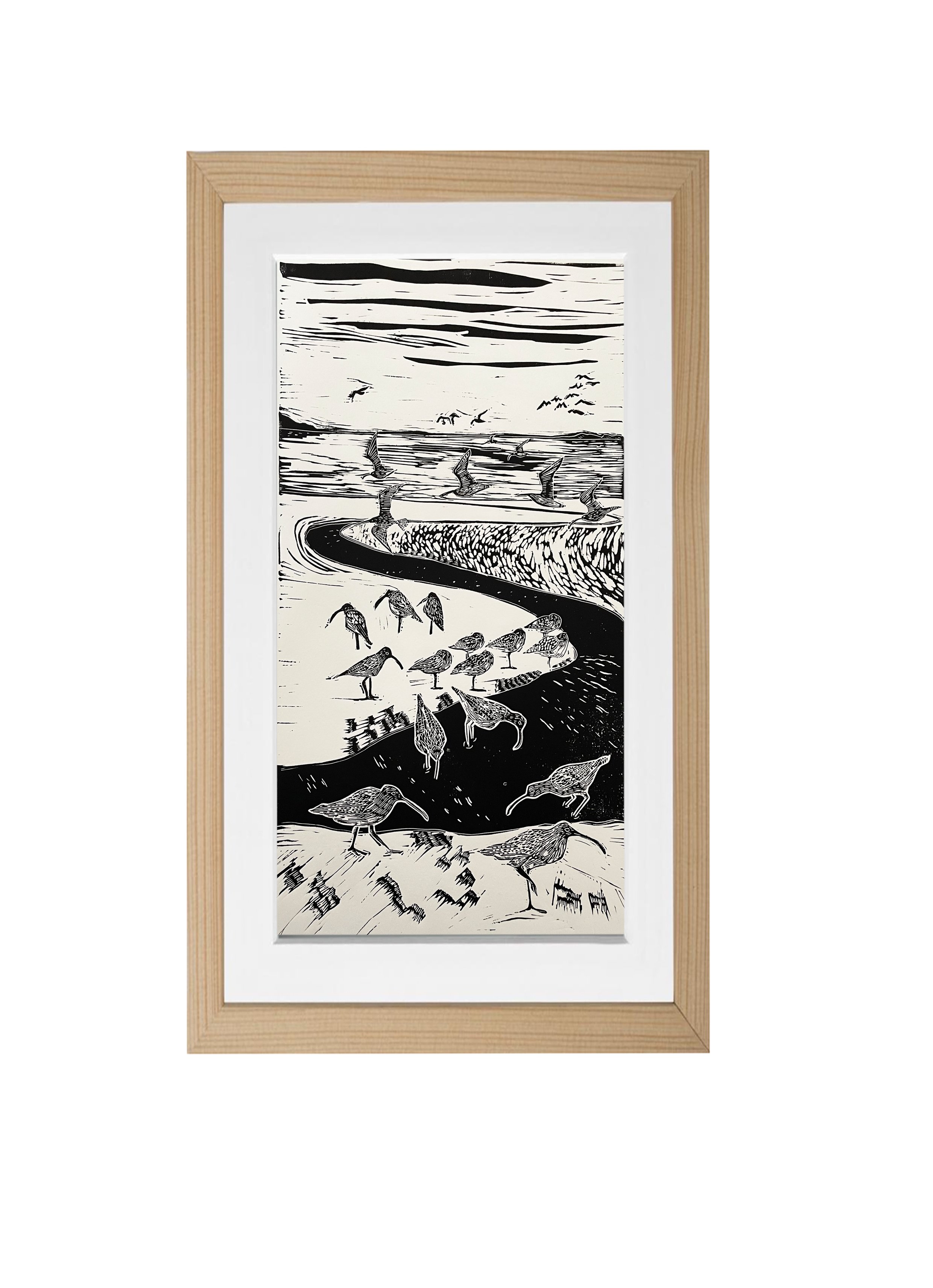 Ashford Cottage Design, Cry of the curlew, November safety in numbers Lino print