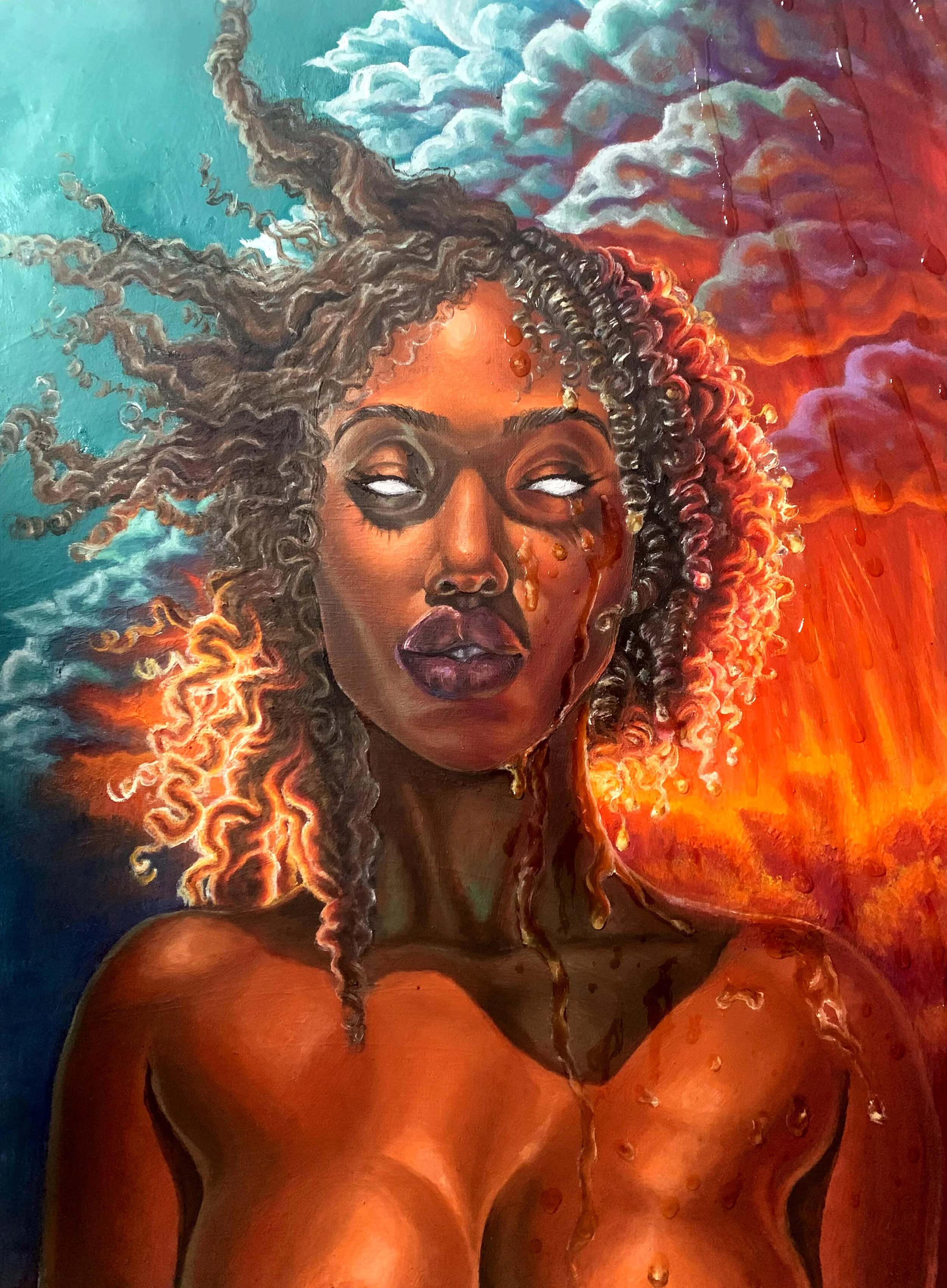 Wind of Change
This piece pays homage to Oya, the orisha of wind, thunder, storms and swift and change. It is an ode to the resilience of black women, and their ability to adapt to any situation. This is expressed mostly through the shrinkage of the 