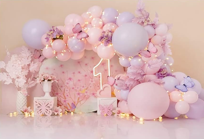 Lilac and pink butterfly Cake Smash backdrop for 1st birthday photoshoot