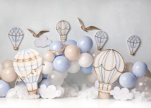 Pastel blue balloon Cake Smash theme for a first birthday photoshoot