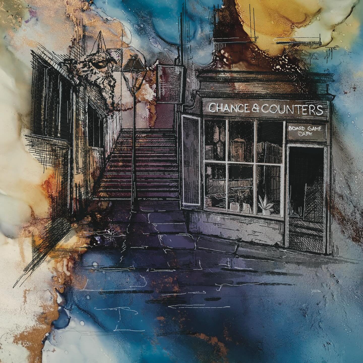 Had fun doing a digital sketch in combination of one of my old paintings of Bristol places today. Here&rsquo;s my Christmas steps sketch, and the lovely chance &amp; counters cafe. 
@chanceandcounters 

#sketchaday #sketchart #illustration #alcoholin