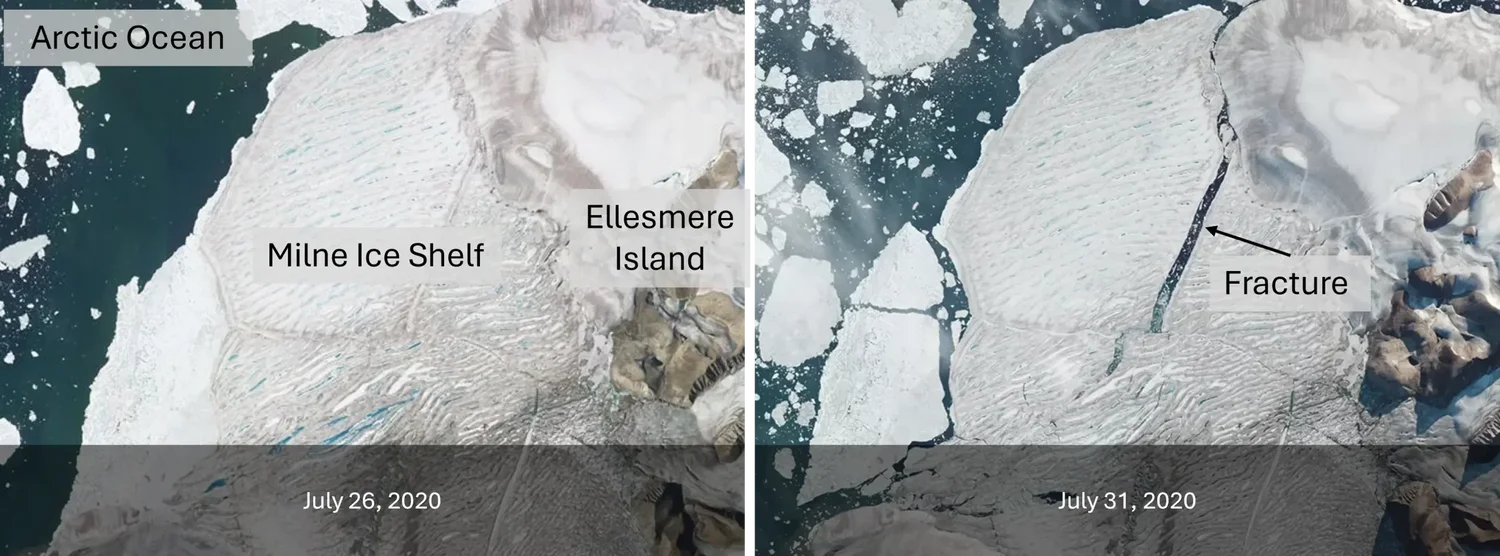 Satellite imagery showing changes to the Milne Ice Shelf