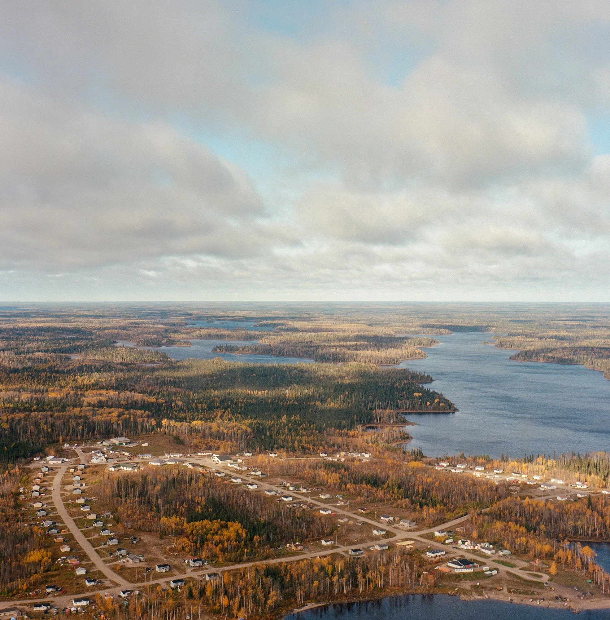 An aerial view of Neskantaga First Nation, a remote Ojibwe community of around 300 residents, located downstream from the Ring of Fire development.