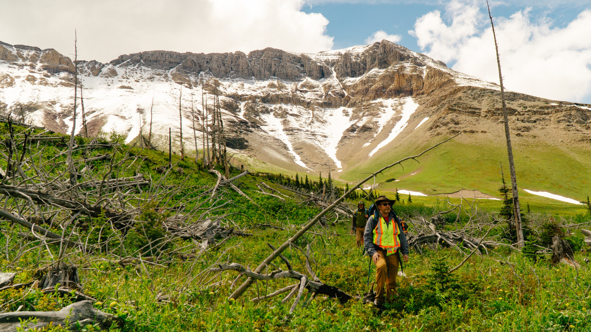 Les chercheurs Sean Parks et Jonathan Coop traversent un paysage brûlé dans le parc national des Lacs-Waterton. L’équipe d’Ellen Whitman a parcouru l’Ouest canadien afin de documenter la façon dont les forêts réagissent à des feux de forêt de plus en