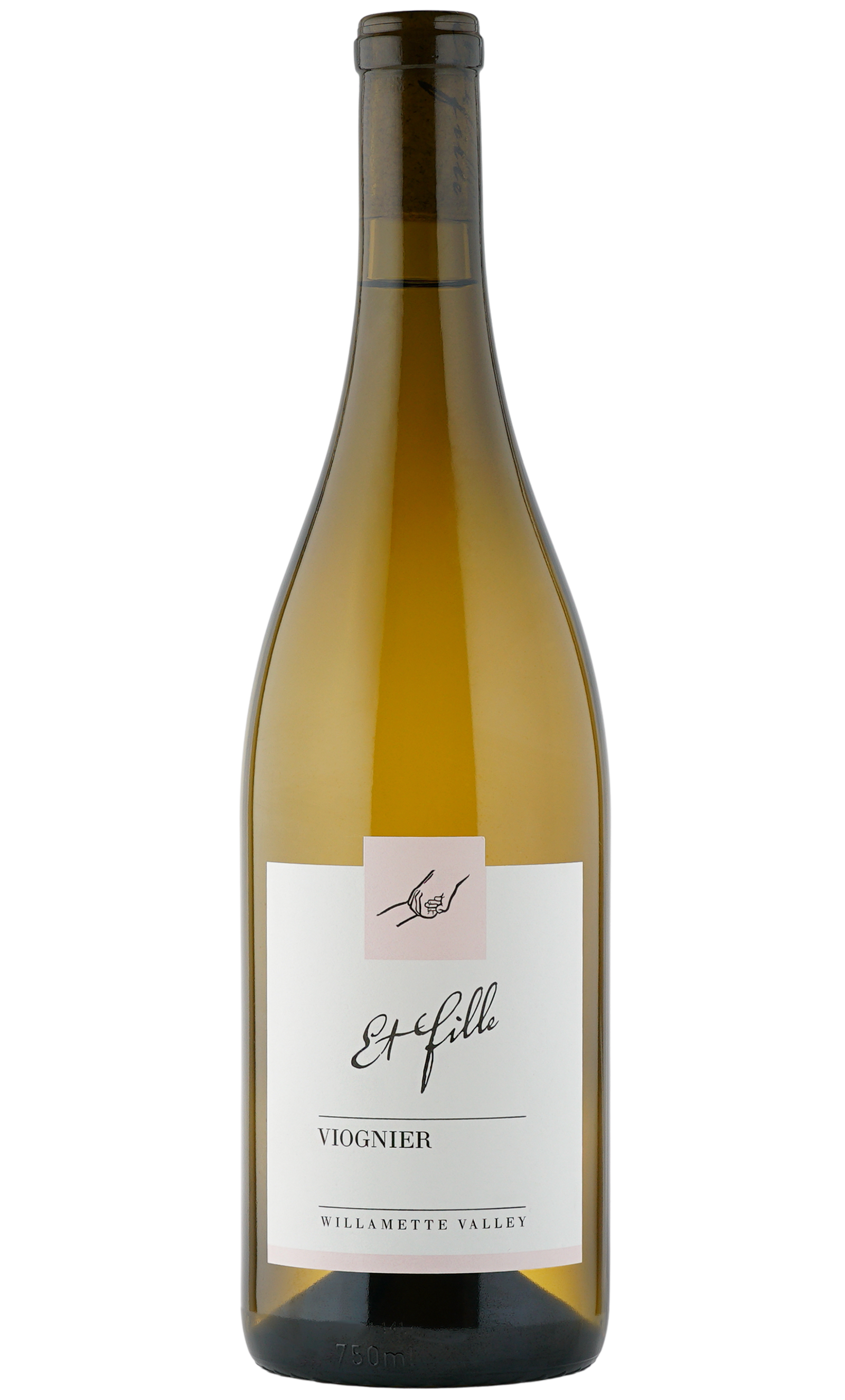 A 750ml bottle of Et Fille Viognier wine from Willamette Valley. The bottle is made of light-colored glass with a white label featuring black cursive text and a small illustration of two hands clasping.