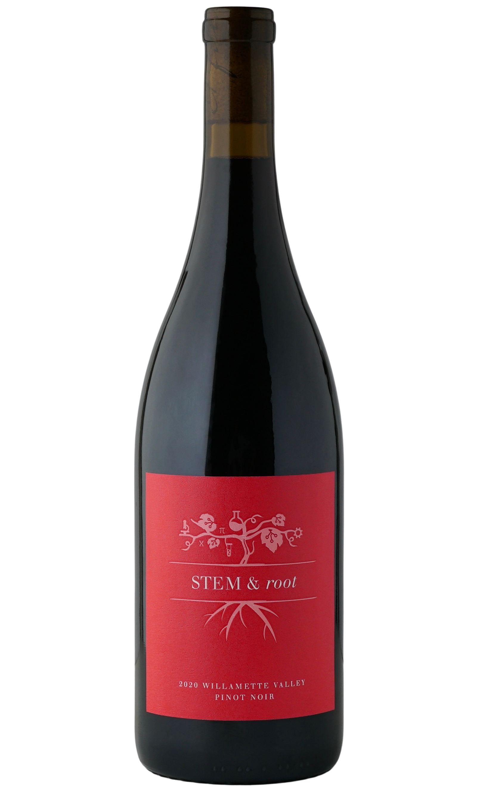A bottle of red wine with a red label featuring a stylized tree with scientific symbols and the text "STEM & root," indicating 2020 Willamette Valley Pinot Noir.