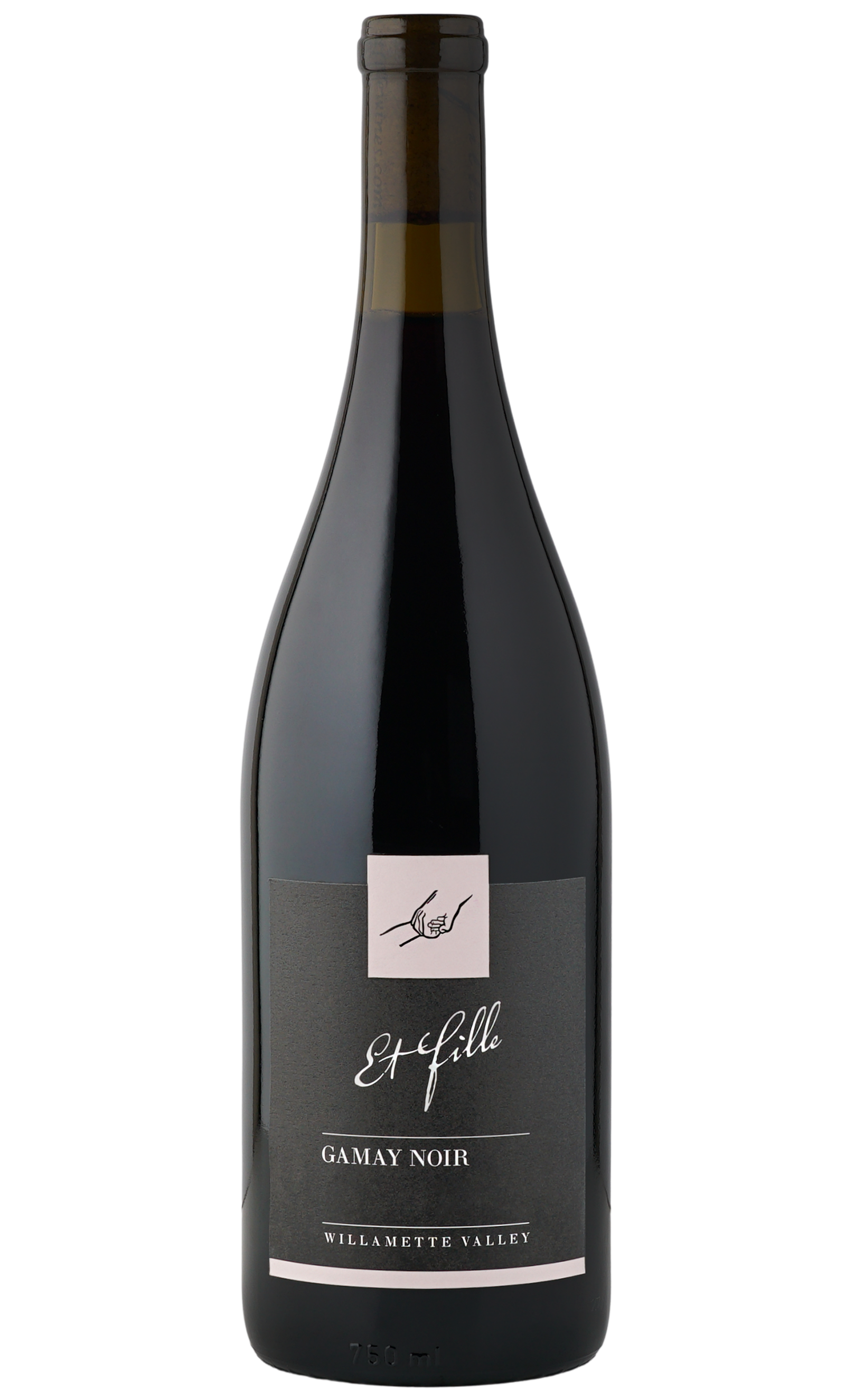 Bottle of red wine labeled 'Et Elle Gamay Noir Willamette Valley' with a minimalist line drawing of two hands clasped.