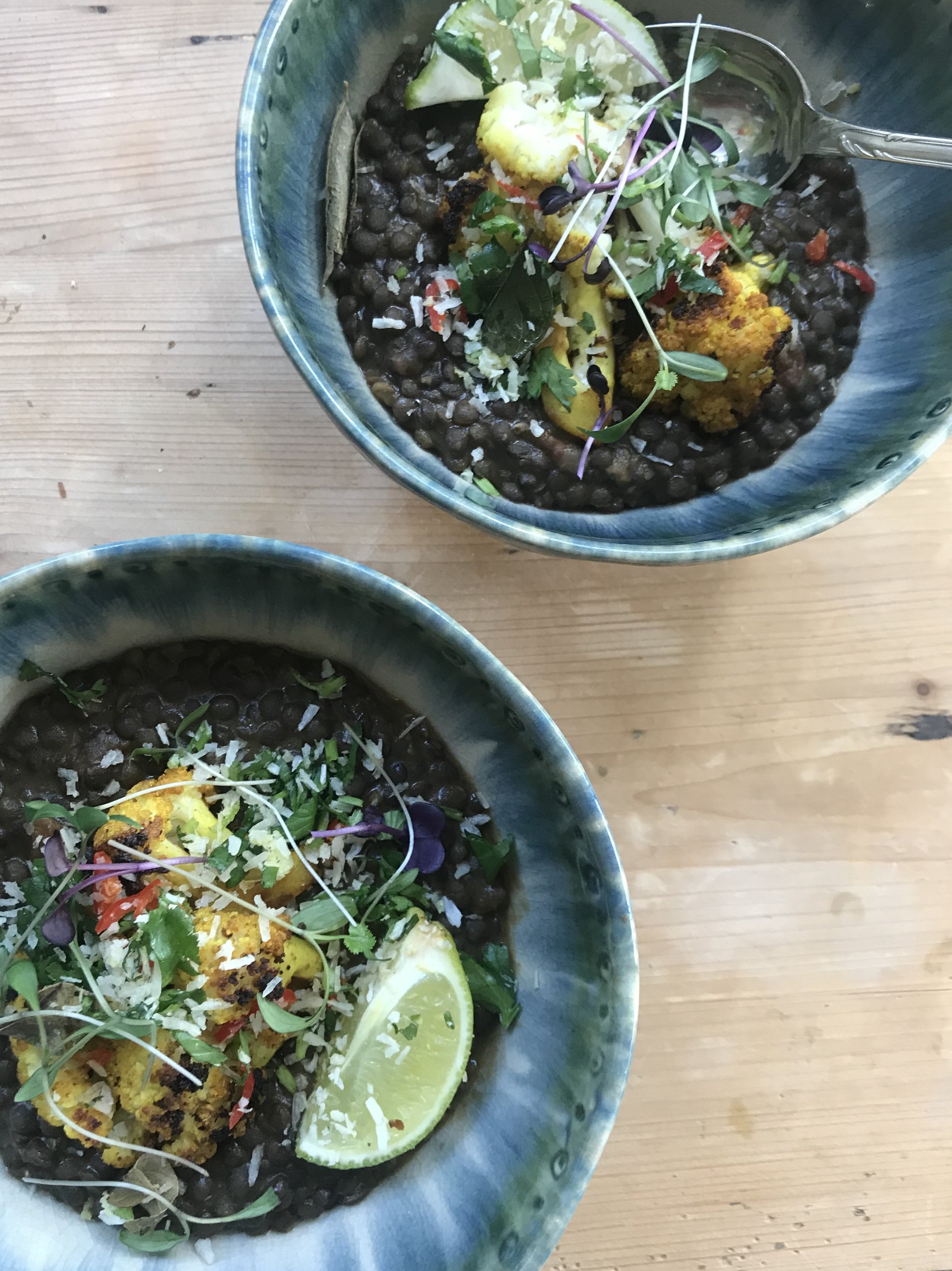 Black dal with crispy turmeric cauliflower and limey coconut chutney