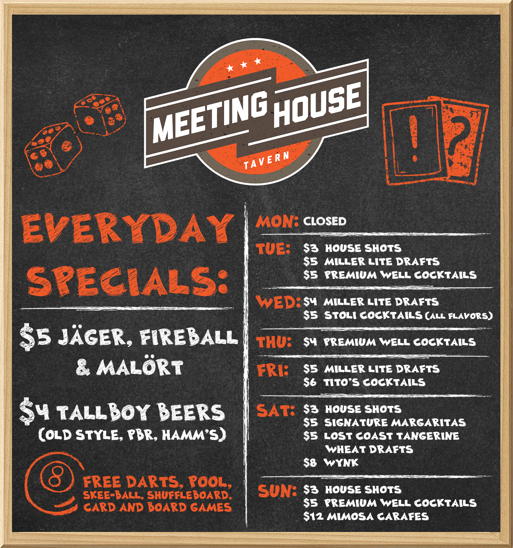 A chalkboard-style menu for Meeting House Tavern showing daily drink specials, game options, and arcade games.