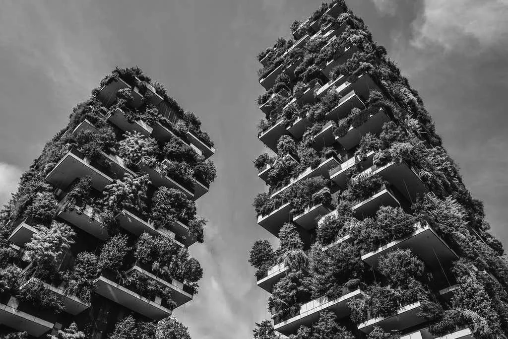 Black and white photo of tall modern apartment buildings with extensive greenery and trees on balconies and rooftops.