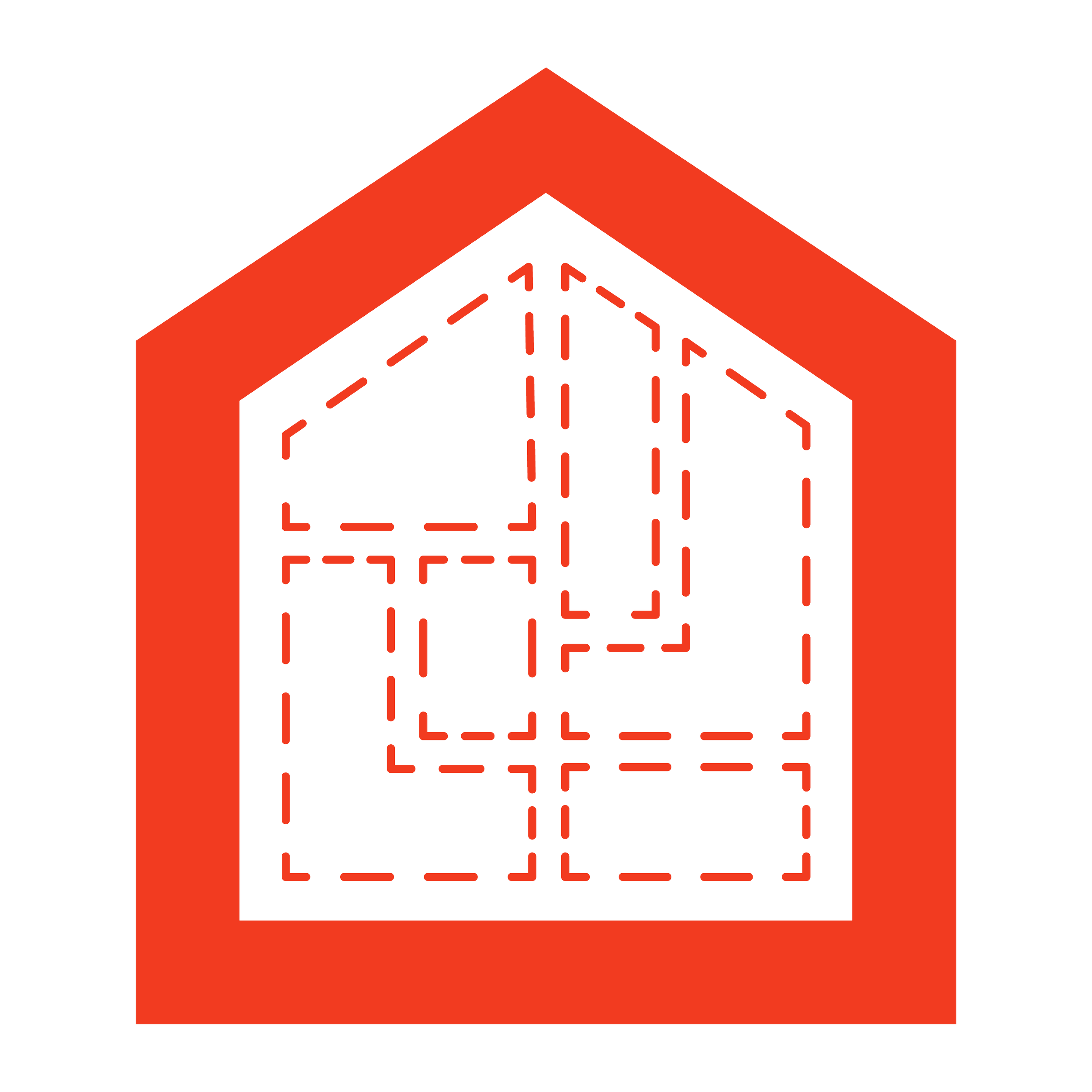 Illustration of red house icon with dashed lines inside showing the floor plan and interior layout symbolizing spatial planning.