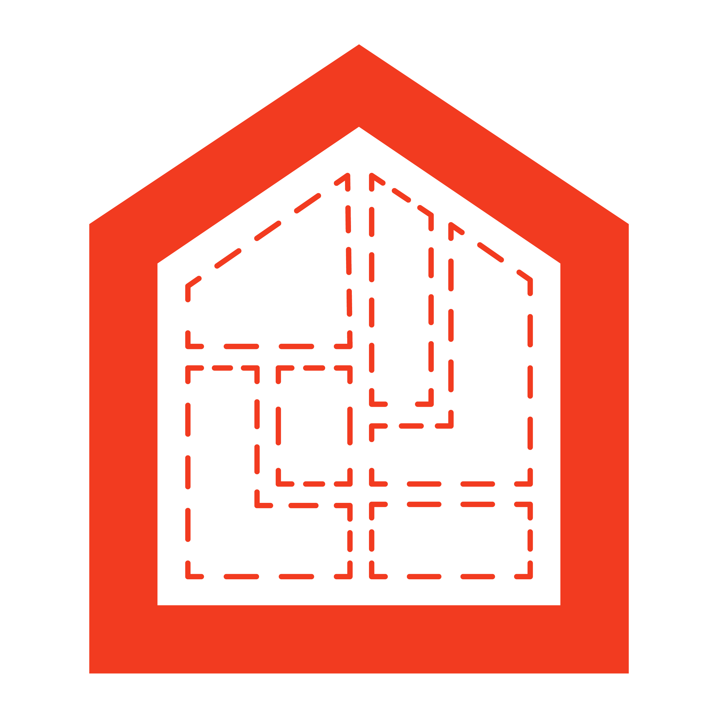 Illustration of a house with dashed lines showing different room layouts inside.