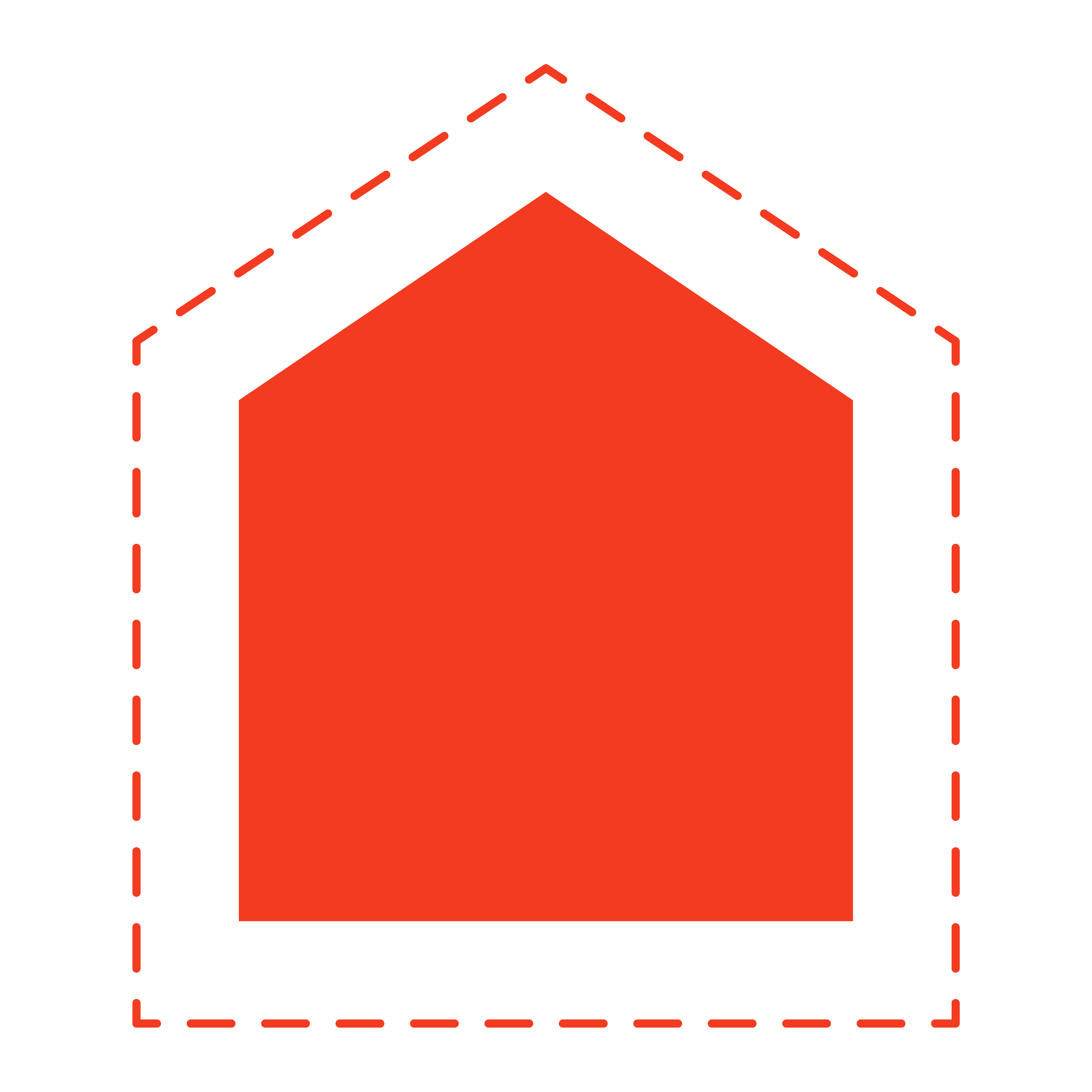 Red 3D house-shaped figure with dashed outline of a larger house around it.