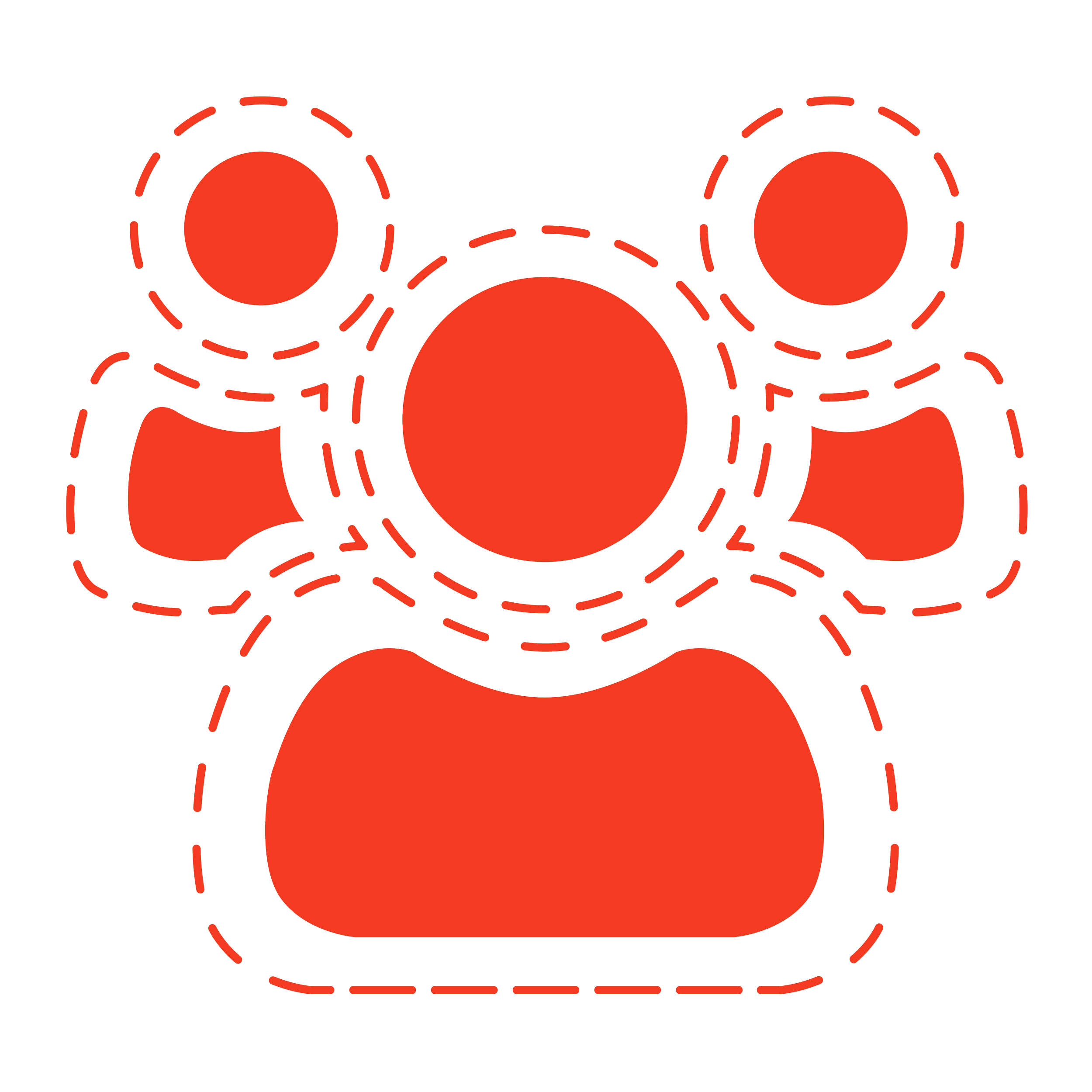 A stylized illustration of a human figure with a central large circle and six smaller circles around it, connected by dashed lines, all in red.