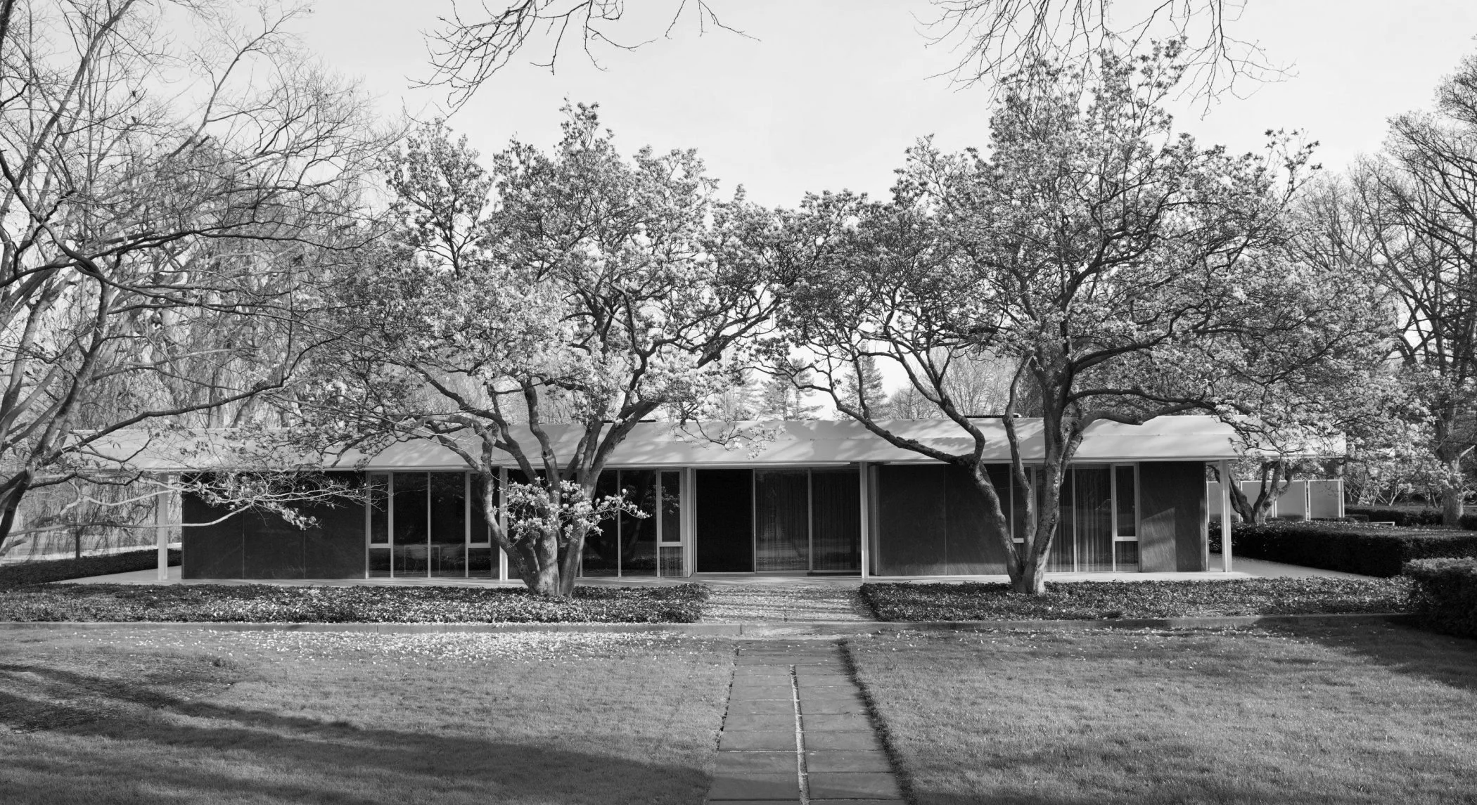 Black and white photo of a mid-century modern house