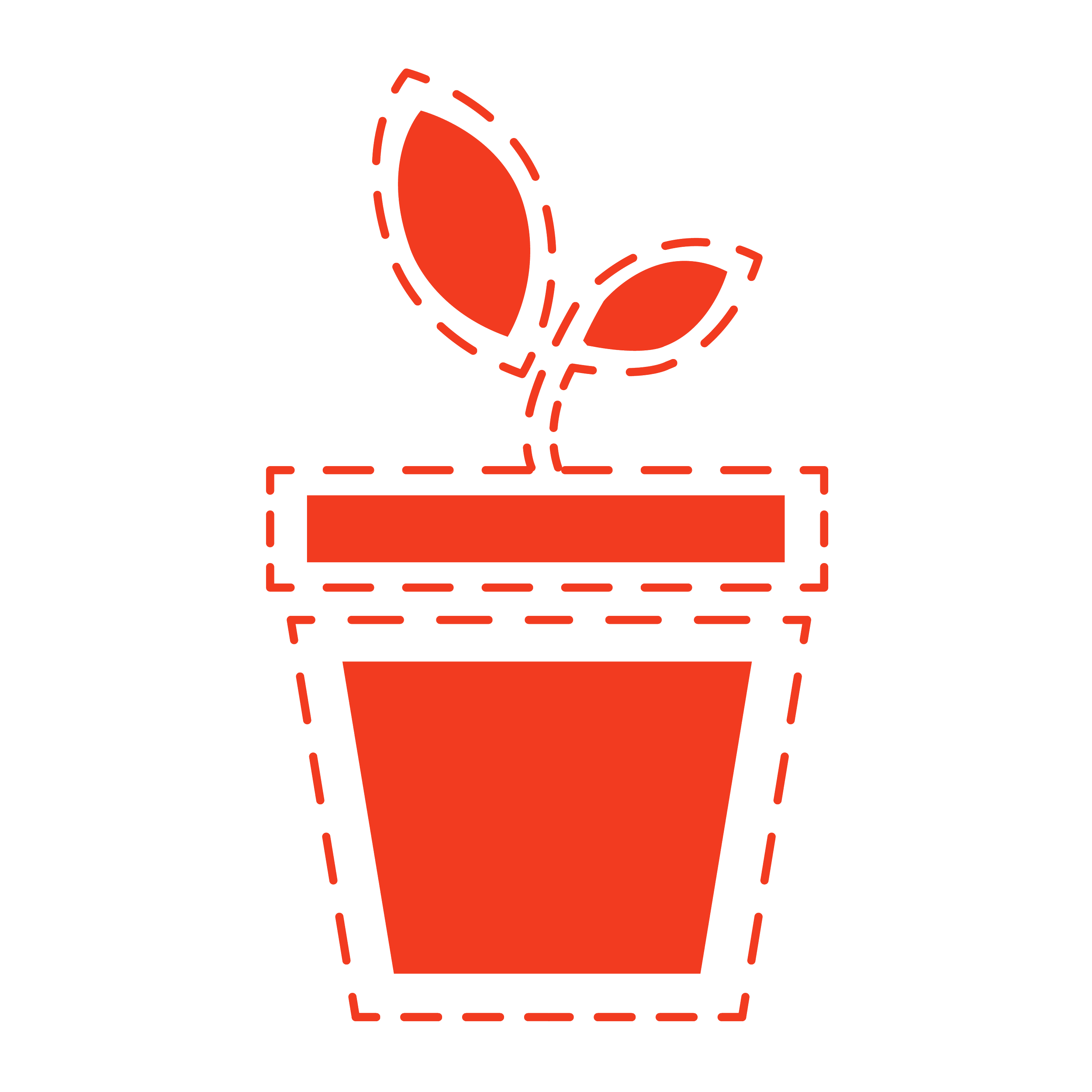 Illustration of a potted plant with two leaves, outlined with dashed lines and filled in red symbolizing growth in craft.