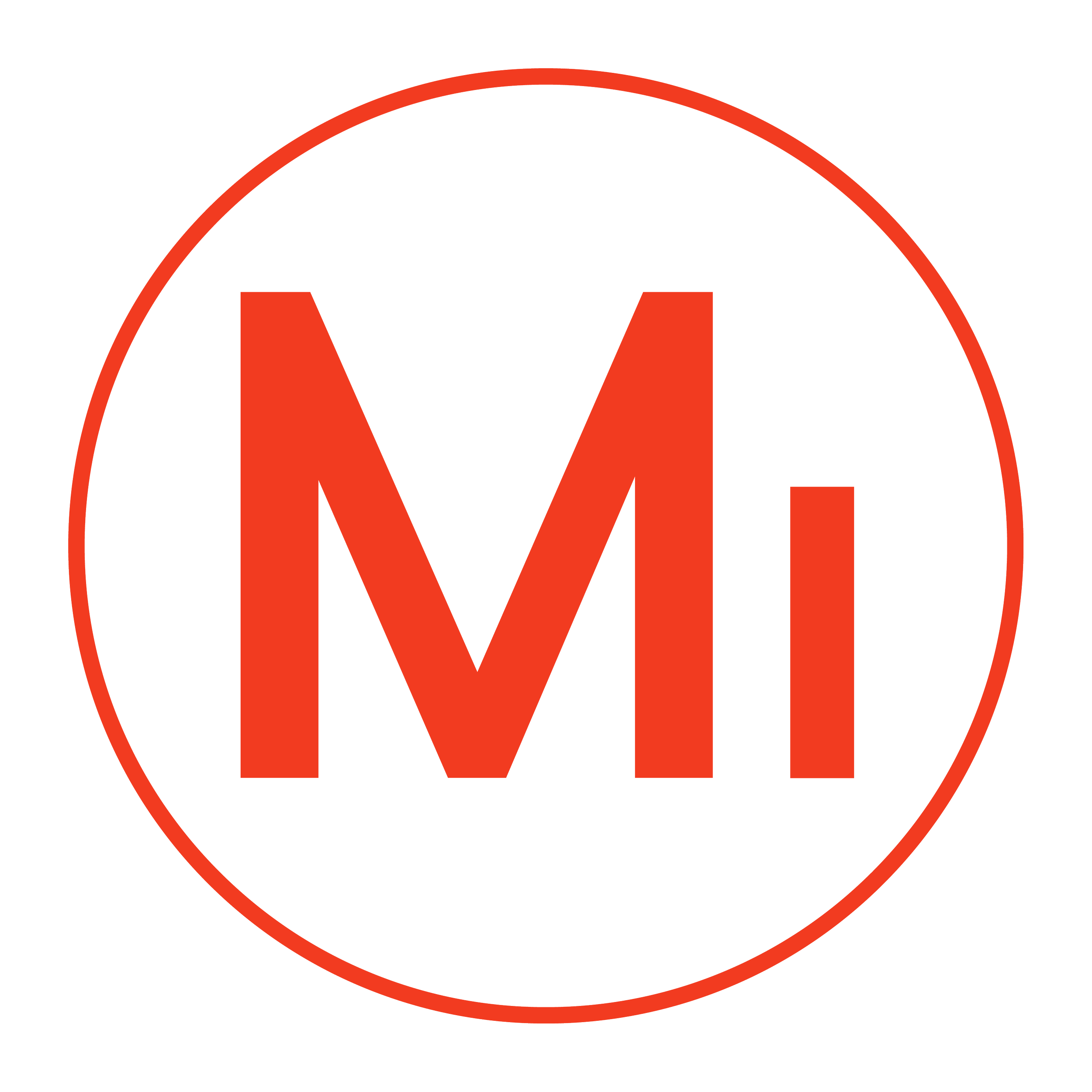 Red circle with black background and red outline, containing the words 'Mi' in large red letters.