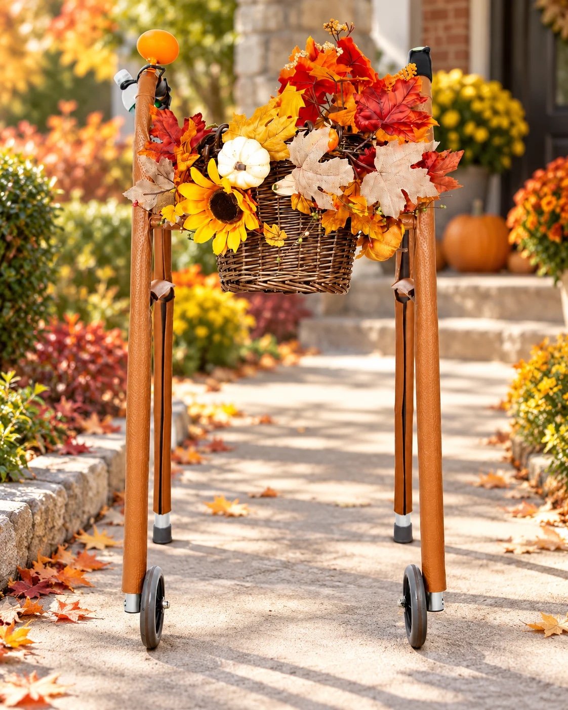 Autumn Leaves Whimsy Walkers decorative accessory kit on a fall garden path; walker not included.