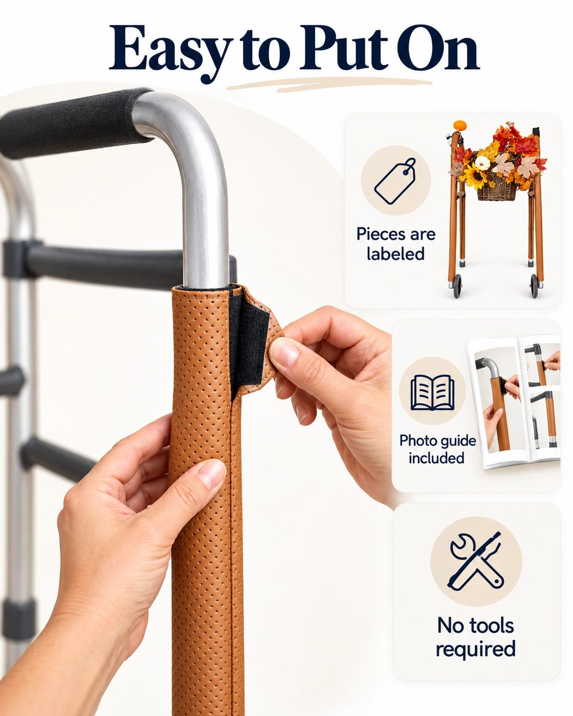 Whimsy Walkers easy setup guide showing Velcro attachment, labeled pieces, photo guide and no tools required.