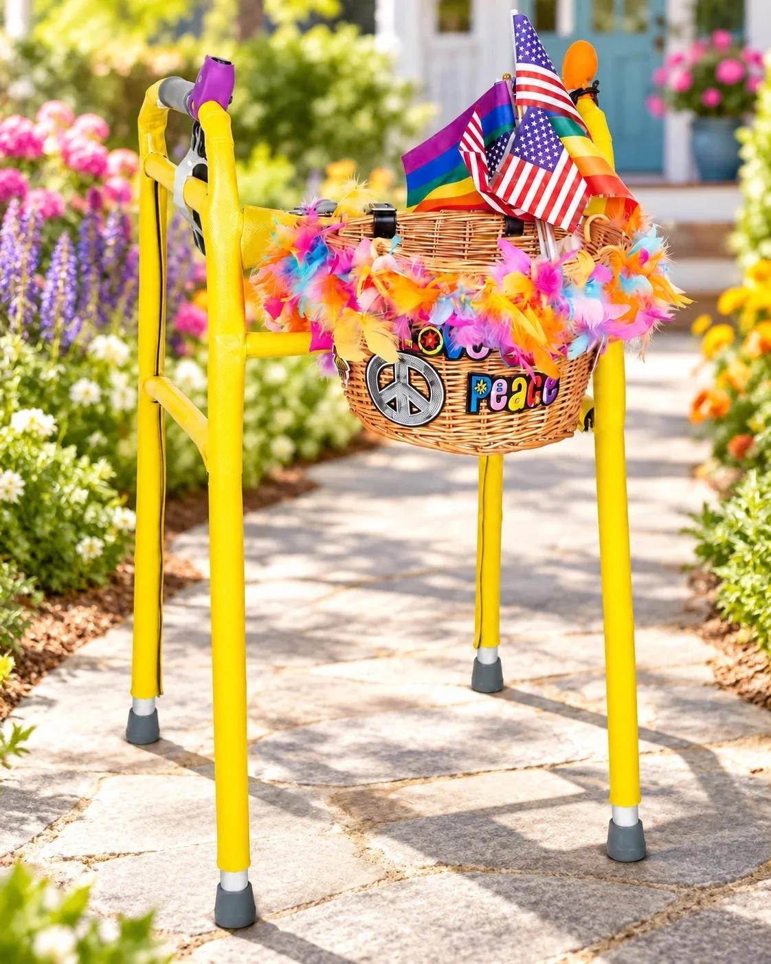Movin’ & Groovin’ Whimsy Walkers decorative kit in a colorful outdoor lifestyle setting; walker not included.