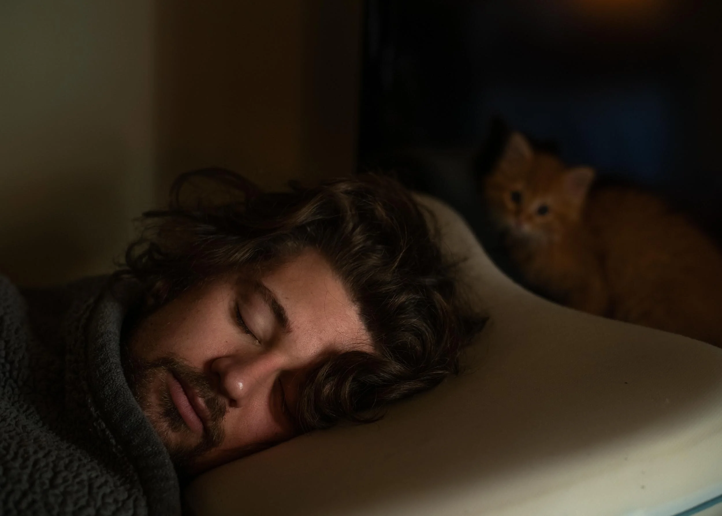 Blake Burkholder sleeps in as Marvin the kitten looks on, Nashville, Tenn. on Sunday, Nov. 24, 2019. Because of their short time in Nashville in record and catch up with one another, the band members were up past midnight every night recording and wr