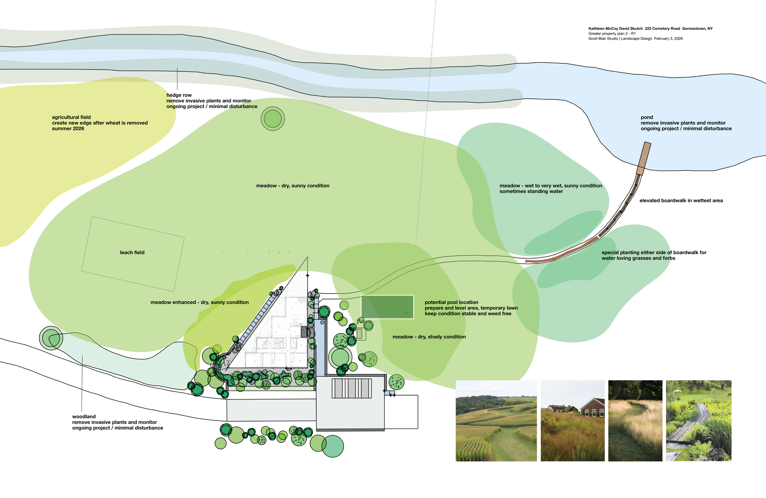 Landscape design plan for a property with labeled areas including a pond, meadow, agricultural field, woodland, and various garden features, with notes on plant removal, project goals, and conditions.