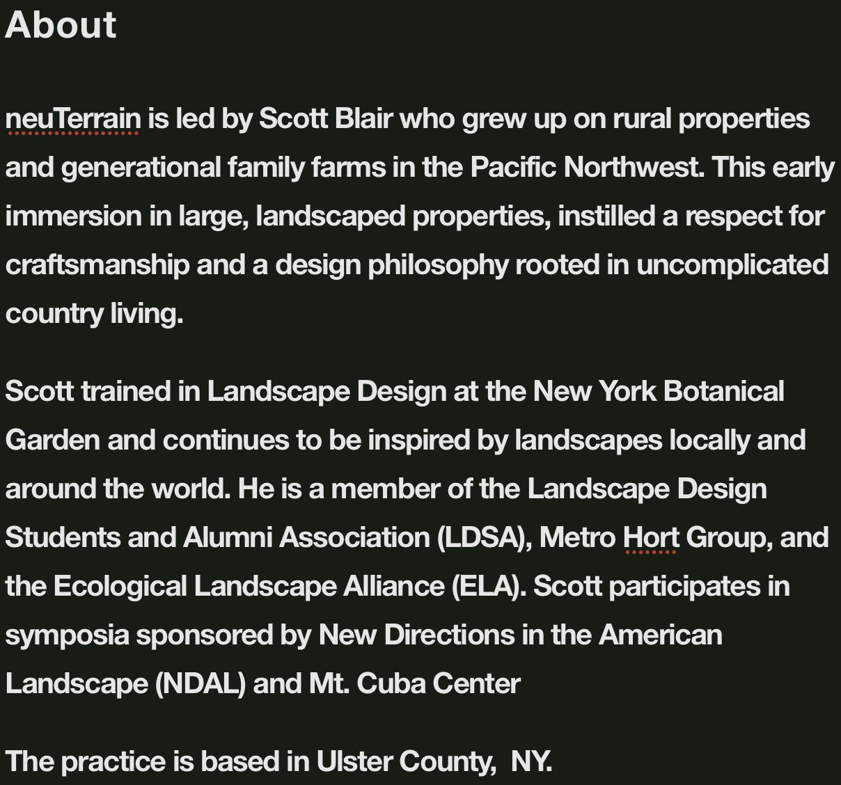 About section describing Scott Blair and his background in landscape design, his inspiration from landcapes, and his affiliations with landscape organizations.