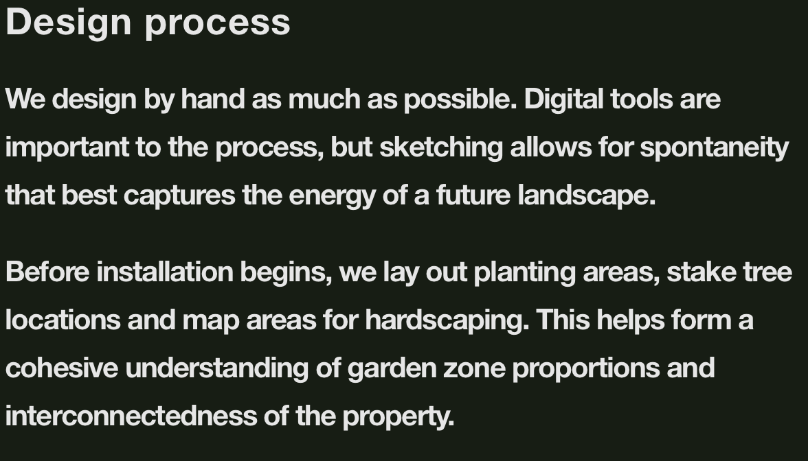 Text about the design process, landscape planning, and landscaping techniques.