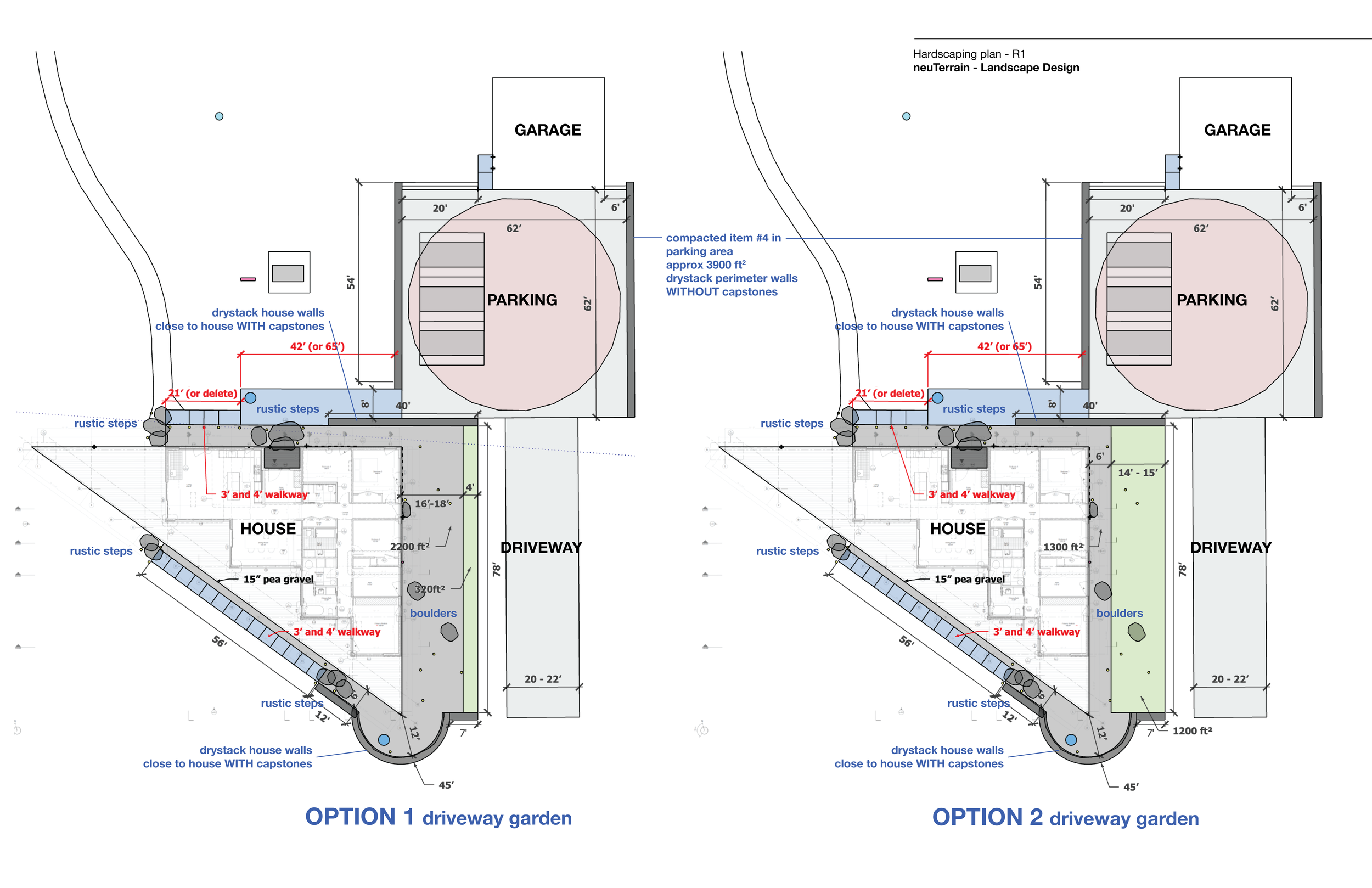 A landscape design plan showing two options for a driveway garden area with annotations, measurements, and layouts for landscaping and parking, including notes on walls, steps, walkways, gravel, and boulders.