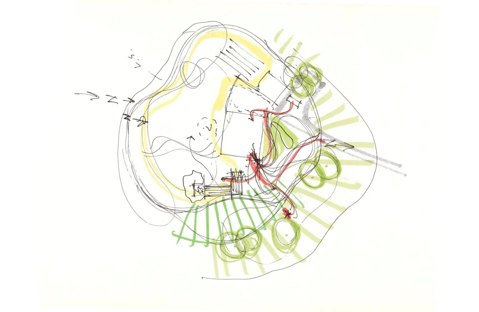 A hand-drawn landscape plan with pathways, trees, and structures, featuring color-coded elements such as green for vegetation, yellow for pathways, and red for specific features or zones, with arrows and annotations indicating design details.
