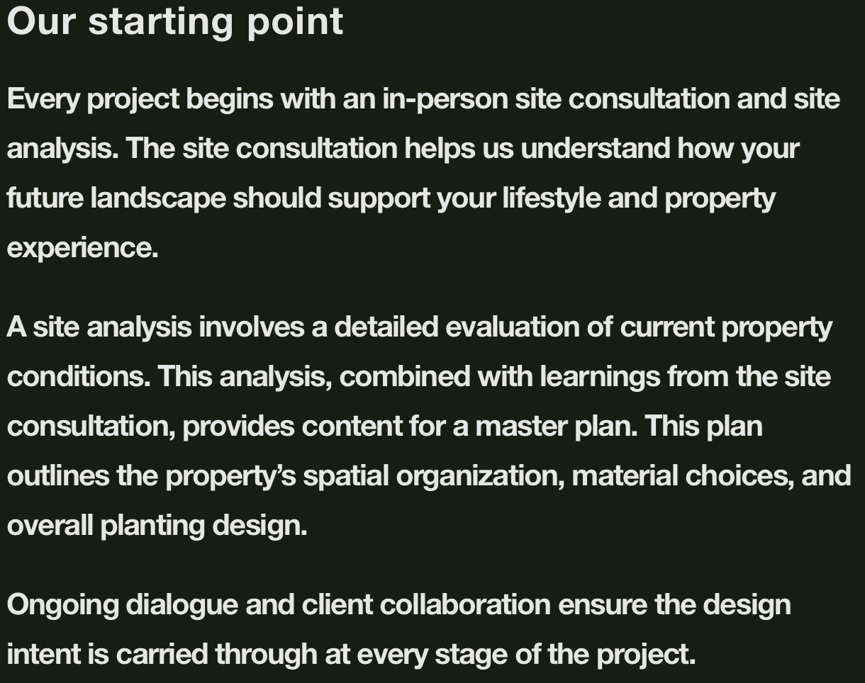 Text on a dark background explaining the importance of site analysis and client collaboration in landscape project planning.