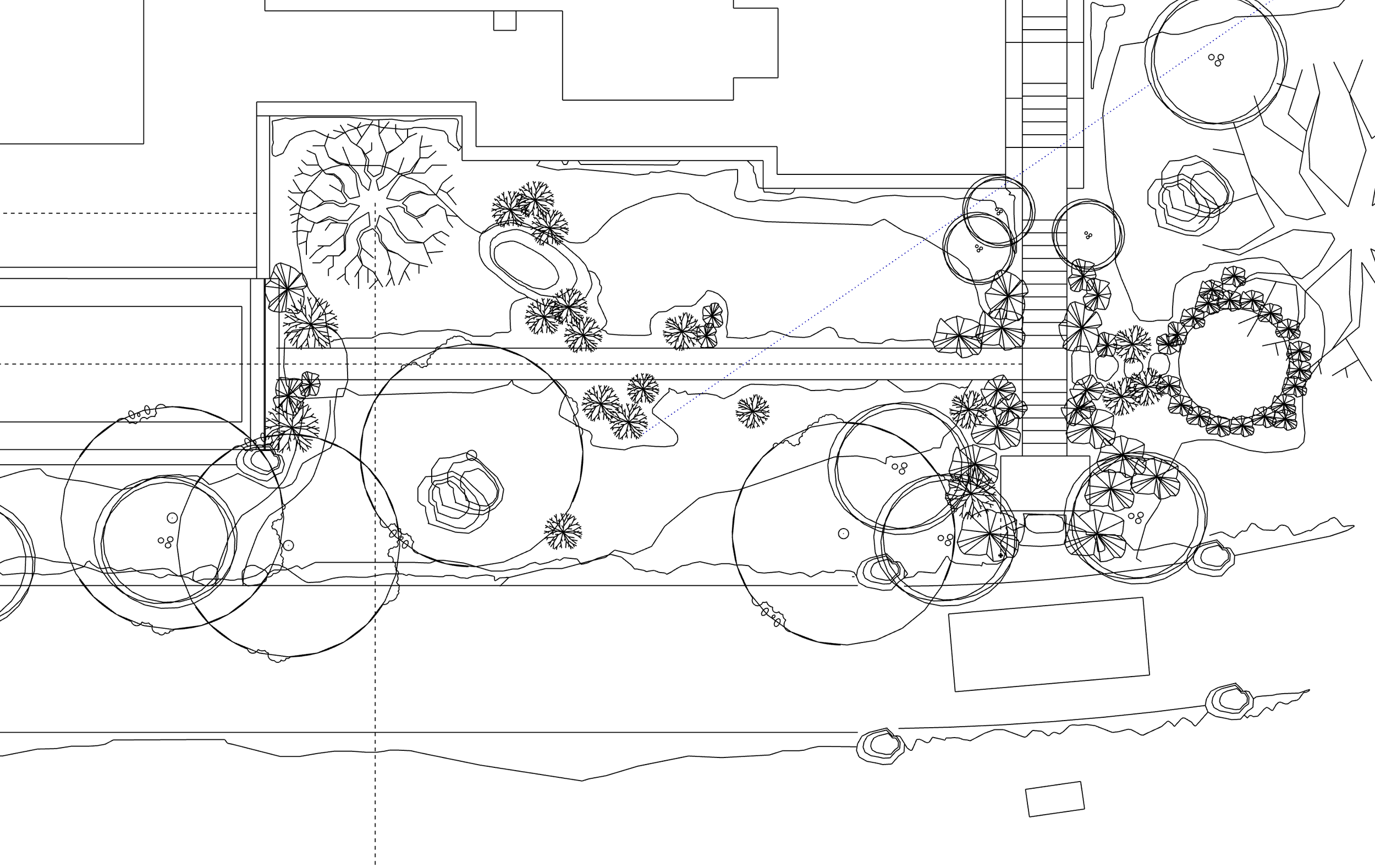 Black and white landscape architectural blueprint showing a garden with trees, ponds, pathways, and stairs.