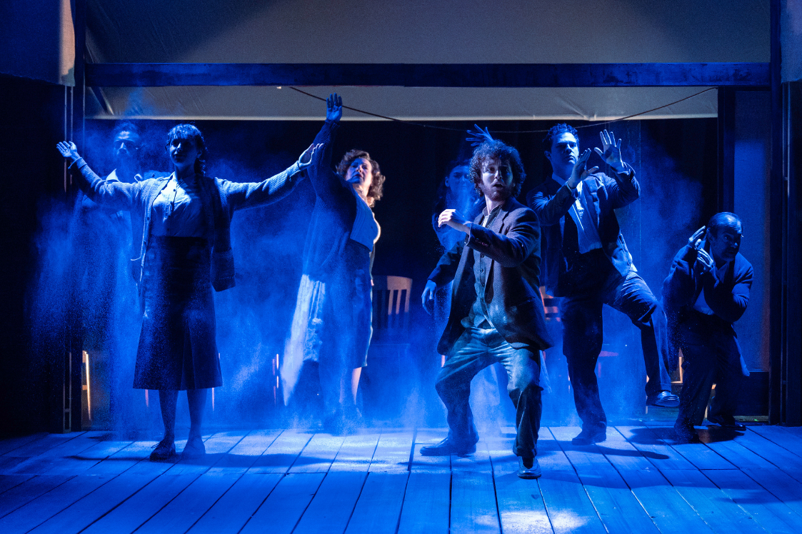 (l-r) Stephen Russell Murray, Lily Burka, Nicole Halmos, Lauren Hart, Ethan J. Miller, Ben Ribler, and Zach Brewster-Geisz in Indecent, June 4 - 28. Photo by Teresa Castracane Photography.