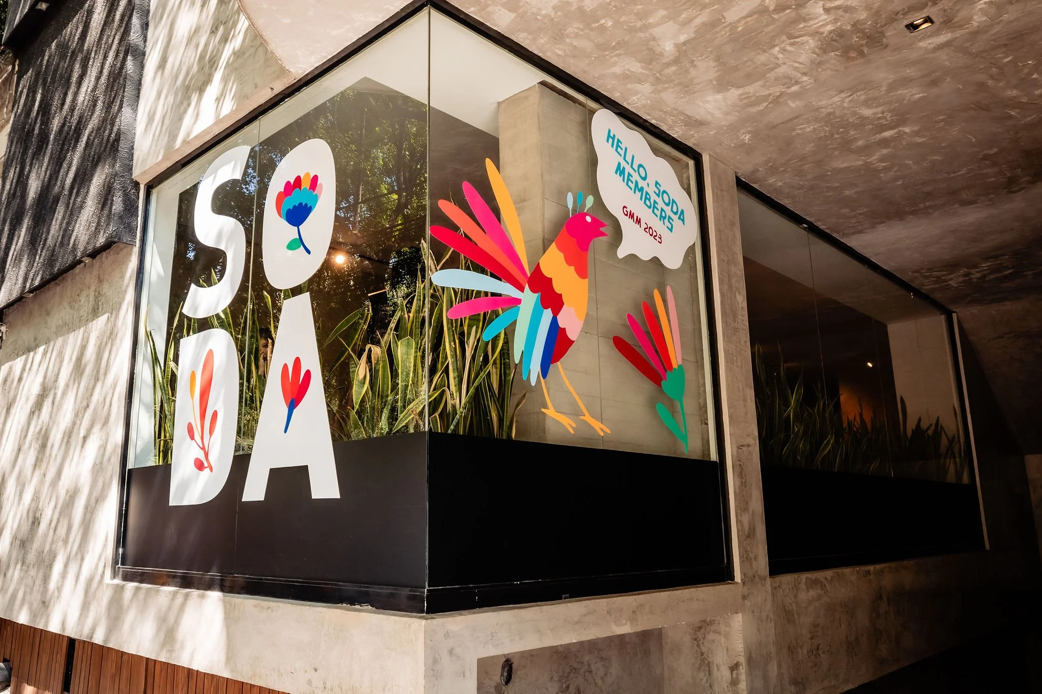 Window decals at the entrance of the venue