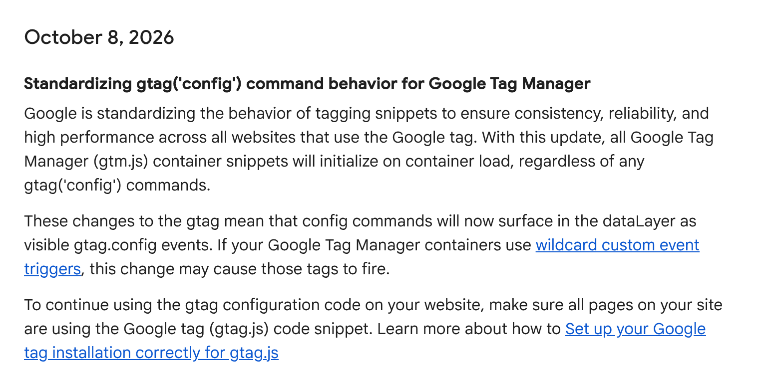 Google Tag Manager release note, 8 October 2026