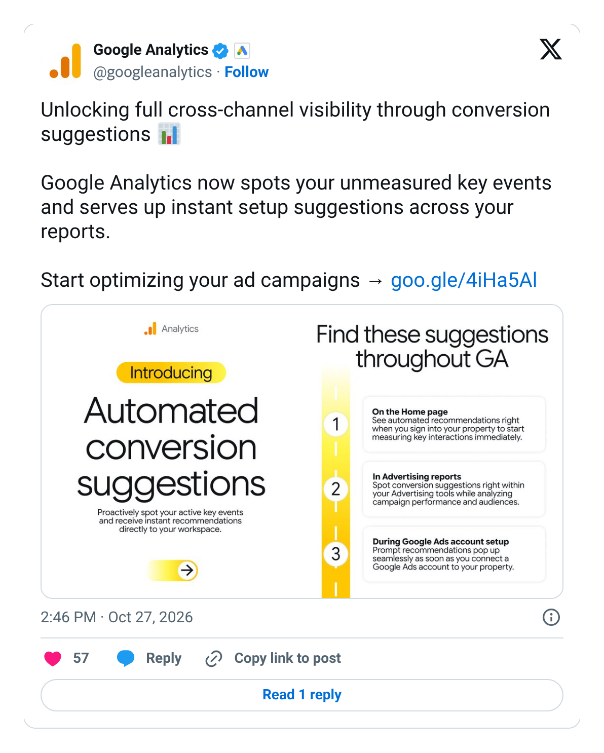 Google Analytics on X, 27 October 2026: Introducing automated conversion suggestions, found on the Home page, in Advertising reports and during Google Ads account setup (captured 28 Oct 2026)
