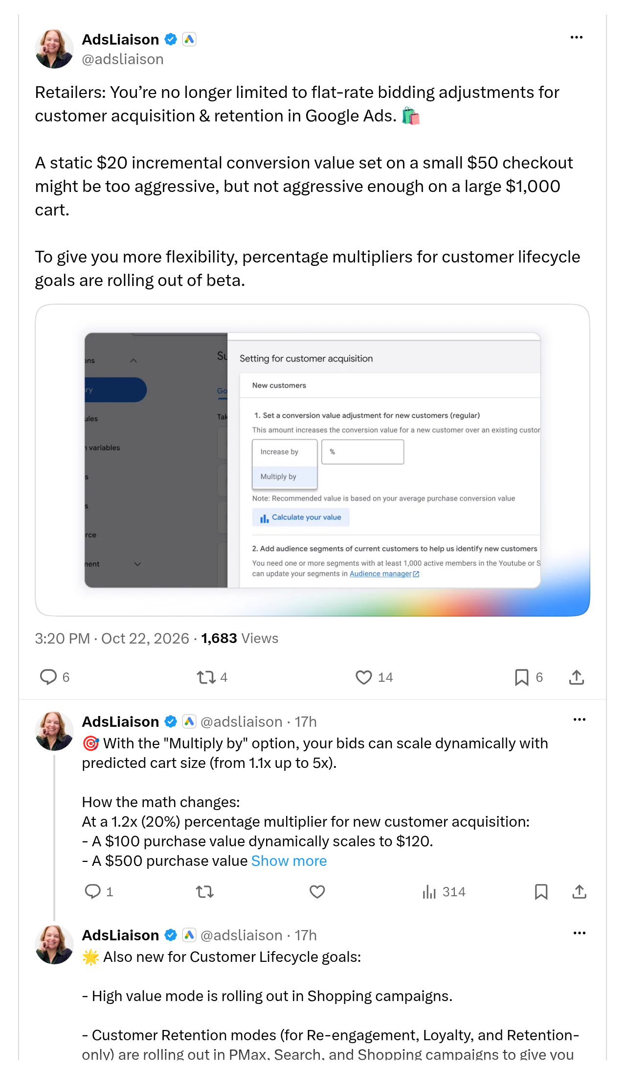 AdsLiaison thread on X, 22 Oct 2026: percentage multipliers for customer lifecycle goals are rolling out of beta; the Multiply by option scales from 1.1x up to 5x (captured 23 Oct 2026)