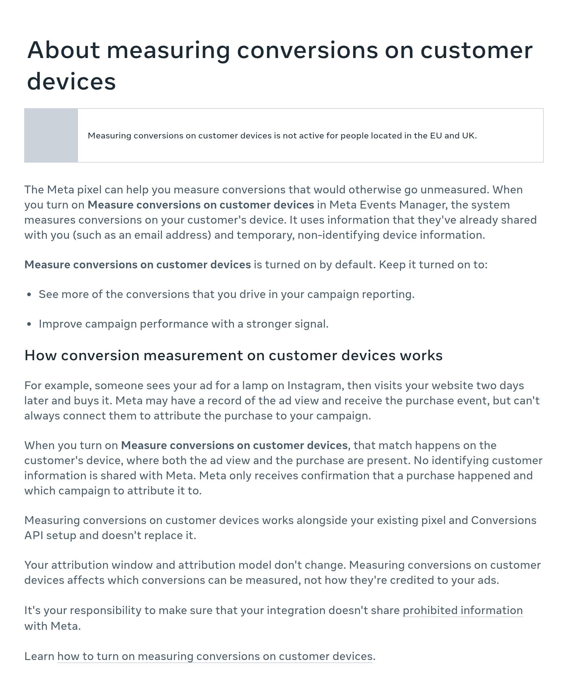 Meta Business Help Centre, About measuring conversions on customer devices: not active for people located in the EU and UK; turned on by default; attribution window and model don't change (captured 27 Oct 2026)